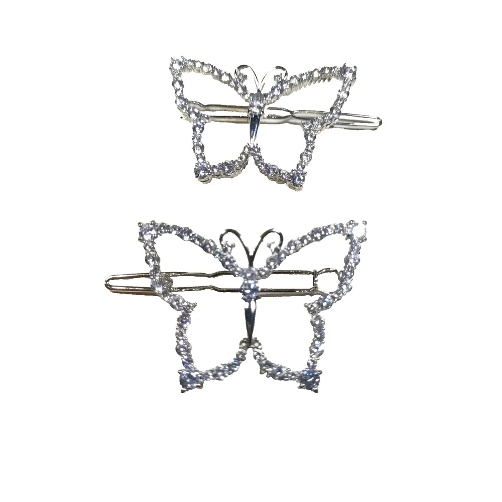 Lot of 2 hair barrettes butterfly silver tone Rhinestones